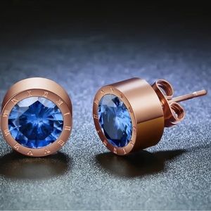 🆕 Rose Gold | Round Blue Crystal | Anti Allergy | Stainless Steel Earrings